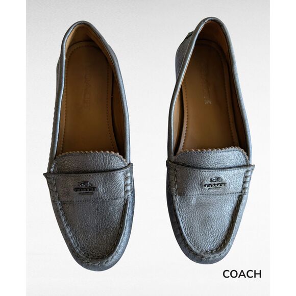 COACH Odette Logo Solid Metallic Gray Leather Driver Loafer Sz 6.5B - Picture 1 of 10